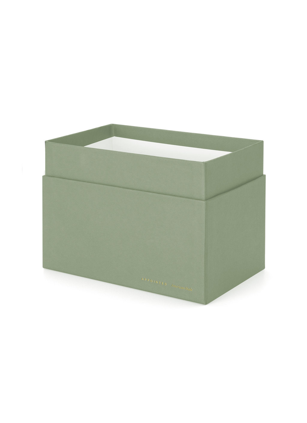 Angled view of Sage Card Keeper, lid off and empty || Sage Green
