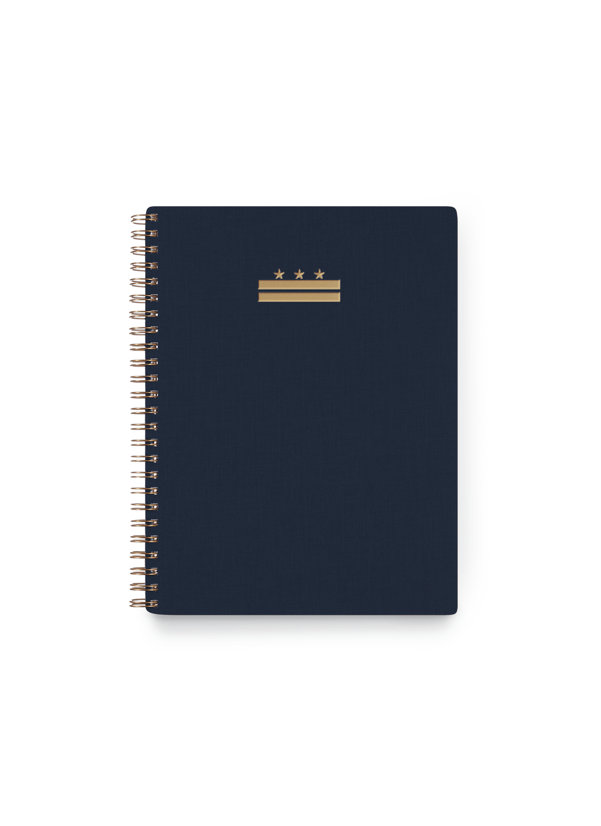 Appointed DC Workbook in Oxford Blue with bookcloth cover, DC foilstamped flag, and brass wire-o binding, front view || Oxford Blue