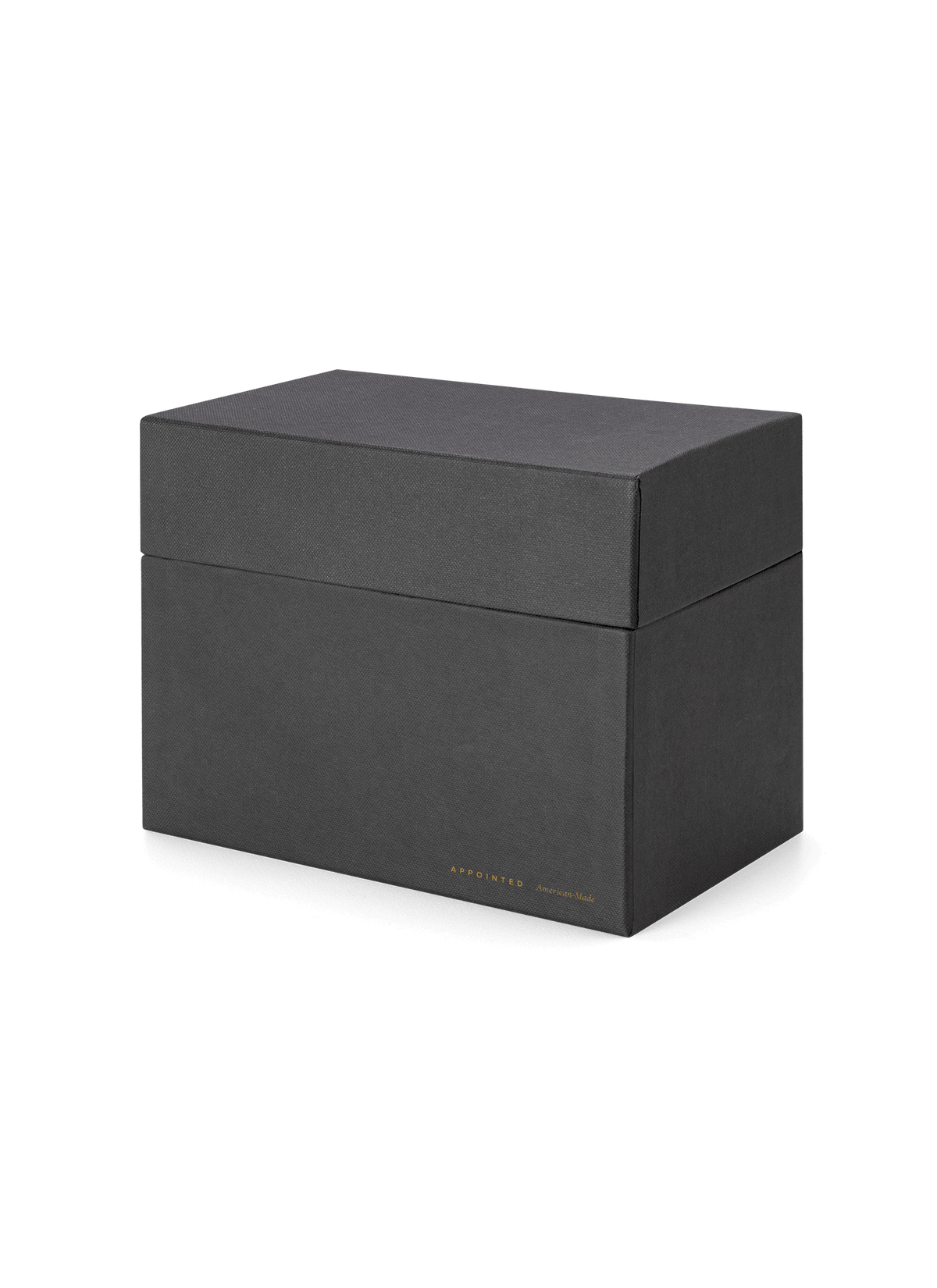 Eye-level view of desktop storage box, lid on|| Onyx