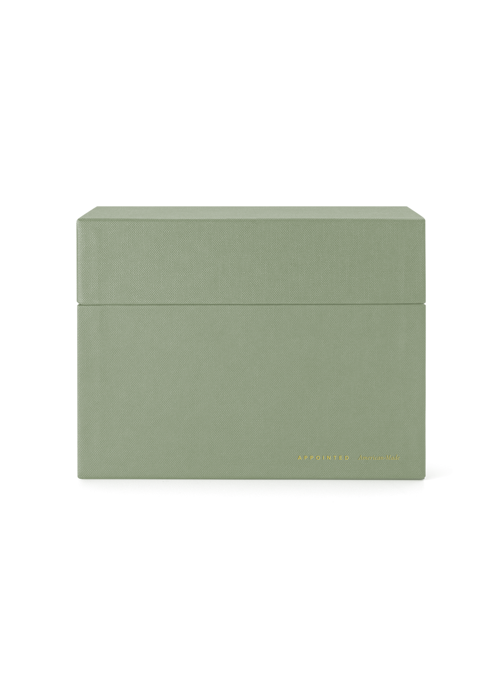 Eye-level view of desktop storage box, lid on|| Sage Green