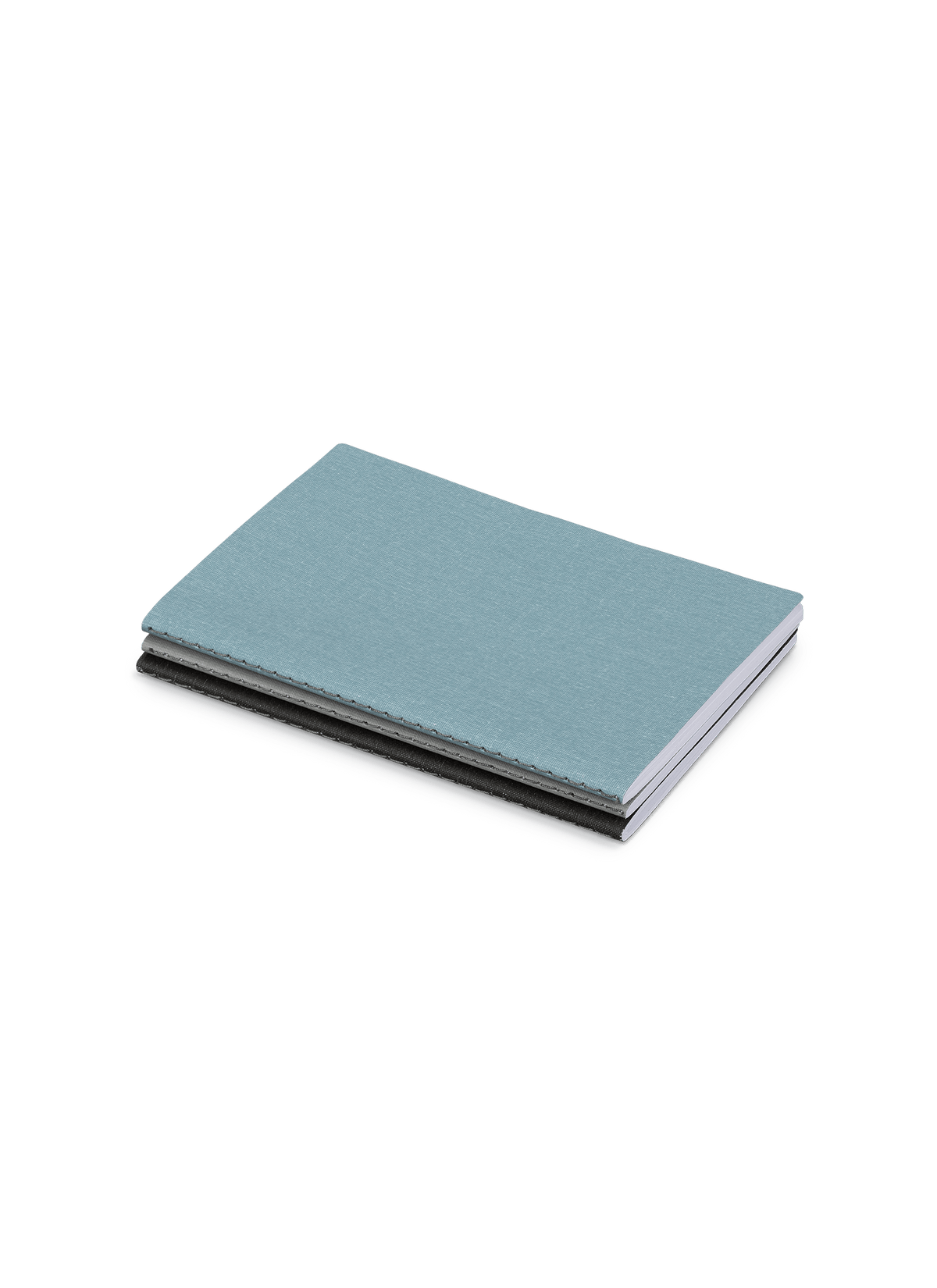 Appointed Mini Linen Jotter in Chambray Blue, Dove Gray, and Charcoal Gray bookcloth stacked angled view